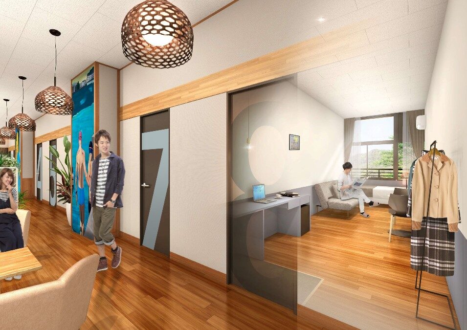 【ゲストルーム イメージパース】2階はサキア滞在を可能にするシェアオフィス、宿泊機能を新設した「SAKIA STAY」。全9室で最大18名様まで宿泊可能